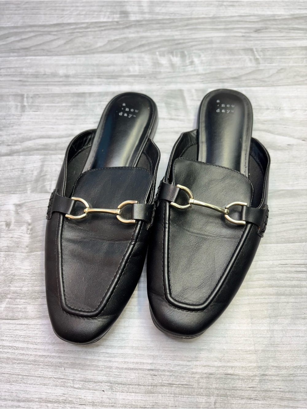 a new day Black Leather Slip-On Mules with Horse bit Gold Buckle Size 11